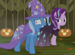 Size: 3028x2223 | Tagged: safe, artist:shutterflyeqd, derpibooru import, starlight glimmer, trixie, spider, unicorn, clothes, cosplay, costume, duo, female, halloween, holiday, mare, nightmare night, nightmare night costume, pumkin, pumpkin, scared, show accurate