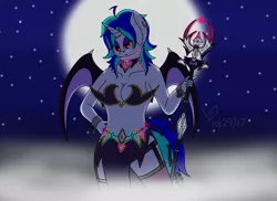 Size: 1100x800 | Tagged: artist needed, source needed, suggestive, derpibooru import, oc, unofficial characters only, anthro, demon, unicorn, anthro oc, breasts, female, magic, mare, moon, night, nightmare night, sexy, solo, solo female, staff, stars