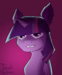 Size: 1000x1200 | Tagged: alicorn, artist:darkvulpes, bust, derpibooru import, evil grin, evil twilight, female, grin, naughty face, portrait, safe, simple background, smiling, solo, twilight sparkle