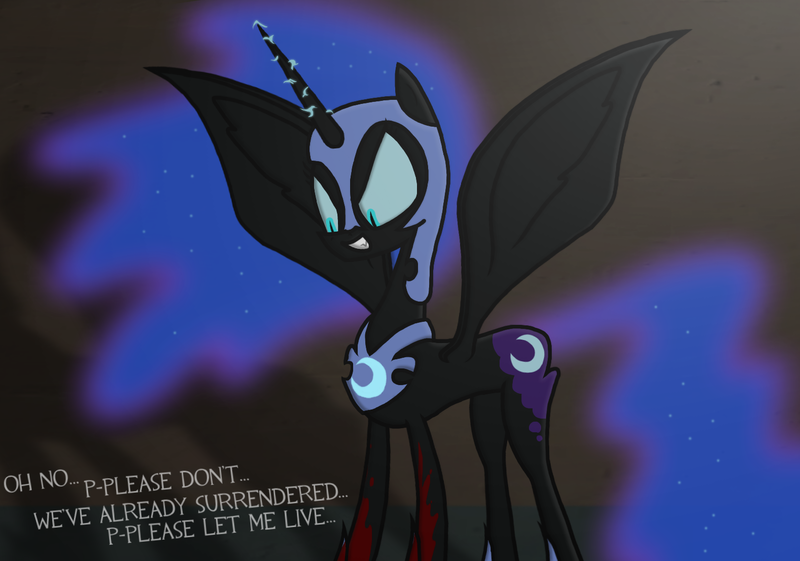 Size: 1579x1107 | Tagged: alicorn, alternate version, armor, artist:moonatik, begging, blood, derpibooru import, evil, evil grin, grin, helmet, horn, imminent death, imminent torture, lightning, looking down, nightmare moon, offscreen character, semi-grimdark, smiling, solo, spread wings, wings