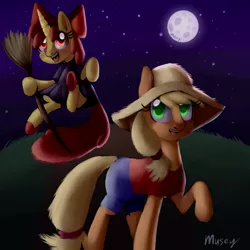 Size: 4320x4320 | Tagged: safe, artist:genericartistperson, artist:lamentedmusings, derpibooru import, apple bloom, applejack, pony, absurd resolution, broom, clothes, cosplay, costume, female, filly, flying, flying broomstick, halloween, holiday, image, kiki's delivery service, mare, moon, night, nightmare night, png, sisters, species swap, ursula (kiki's delivery service)