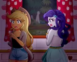 Size: 2100x1700 | Tagged: safe, artist:lucy-tan, derpibooru import, applejack, rarity, equestria girls, clothes, cowboy hat, crying, denim shorts, dress, freckles, hat, jewelry, night, nightcrawler, open mouth, sad, shorts, stetson, thighs