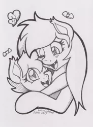 Size: 2635x3597 | Tagged: safe, artist:latecustomer, derpibooru import, oc, oc:angel tears, oc:speck, unofficial characters only, bat pony, female, filly, heart, hug, mother and daughter, smiling, traditional art