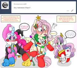 Size: 2250x1970 | Tagged: suggestive, artist:blackbewhite2k7, derpibooru import, fluttershy, pinkie pie, sweetie belle, ask, bikini, catfilly, christmas, christmas star, christmas tree, clothes, crossover, dress up, garland, halloween, halloween costume, harley quinn, heart eyes, holiday, lego, lights, lipstick, pig nose, poison ivy, stockings, surprised, swimsuit, the lego movie, thigh highs, tree, tumblr, unikitty, wingding eyes, wonderpig, wonder woman