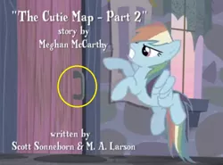 Size: 854x631 | Tagged: credits, derpibooru import, door handle, edit, edited screencap, editor:mega-poneo, rainbow dash, safe, screencap, solo, the cutie map