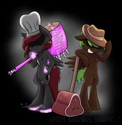 Size: 2000x2050 | Tagged: artist:midnightpremiere, bipedal, blank flank, chest fluff, clothes, derpibooru import, glowing hooves, hammer, hat, oc, oc:midnight premier, oc:zanon, safe, smiling, unofficial characters only