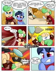 Size: 744x963 | Tagged: artist:zanezandell, ascot, cape, clothes, cmcnext, colt, comic, comic:cmcnext, crying, derpibooru import, ear piercing, earring, fight, injured, jewelry, junkyard, male, oc, oc:krabby, oc:truffle mint, piercing, robot, safe, speech bubble, sword, tears of pain, unofficial characters only, weapon