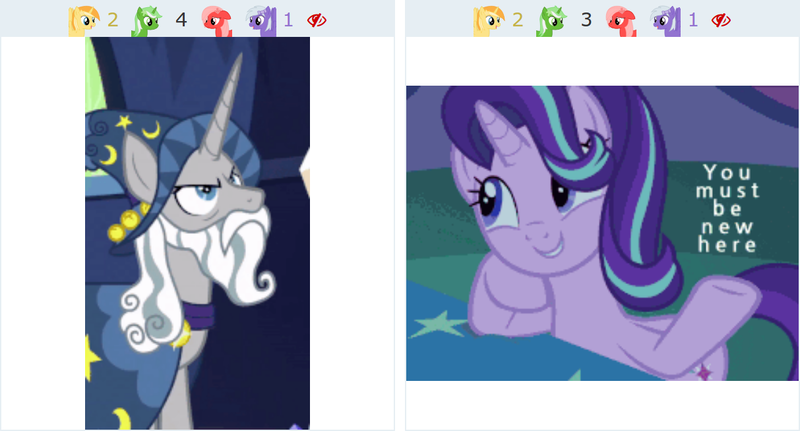 Size: 1213x654 | Tagged: safe, derpibooru import, edit, edited screencap, screencap, star swirl the bearded, starlight glimmer, pony, unicorn, derpibooru, shadow play, uncommon bond, animated in description, beard, bed, blanket, creepy, cute, excited, facial hair, happy, hat, head tilt, hoof on chin, image macro, juxtaposition, juxtaposition win, male, meme, meta, night, sheet, simple background, smiling, stallion, stars, text, twilight's castle, wizard hat, you must be new here