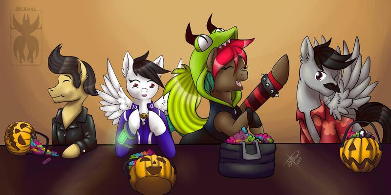 Size: 1456x728 | Tagged: artist:jbcblanks, bag, candy, clothes, costume, demencia, derpibooru import, facial hair, food, greaser, halloween, hawaiian shirt, holiday, jacket, jack-o-lantern, leather jacket, moustache, nightmare night, oc, oc:revi stiletto, oc:sniper hooves, oc:sprocket, oc:steelo, pumpkin, pumpkin bucket, safe, shirt, spiked wristband, stecket, unofficial characters only, vault suit, villainous