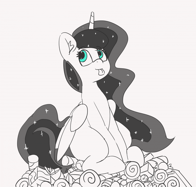 Size: 1280x1222 | Tagged: safe, artist:pabbley, derpibooru import, princess luna, pony, 30 minute art challenge, candy, food, partial color, solo, tongue out