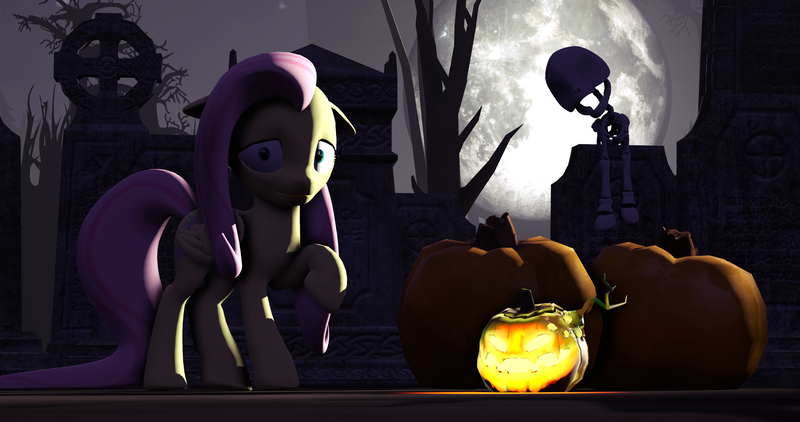 Size: 4096x2160 | Tagged: safe, artist:o0despair0o, derpibooru import, fluttershy, pony, 3d, halloween, high res, holiday, jack-o-lantern, moon, pumpkin, solo, source filmmaker