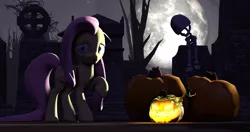 Size: 4096x2160 | Tagged: safe, artist:o0despair0o, derpibooru import, fluttershy, pony, 3d, halloween, high res, holiday, jack-o-lantern, moon, pumpkin, solo, source filmmaker