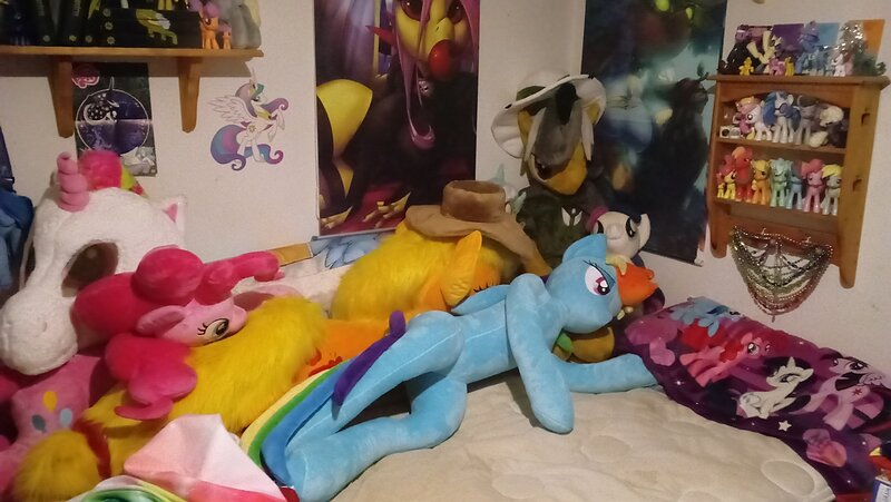 Size: 3264x1840 | Tagged: safe, derpibooru import, applejack, bon bon, daring do, fluttershy, lyra heartstrings, pinkie pie, rainbow dash, sweetie drops, bat pony, timber pony, timber wolf, bed, bedroom eyes, flutterbat, irl, photo, plushie, race swap, species swap, timberjack, timber wolfified