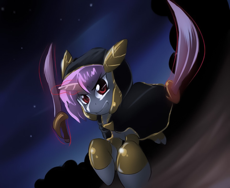 Size: 960x786 | Tagged: safe, artist:valronic, derpibooru import, oc, oc:banshee, unofficial characters only, pony, unicorn, pony town, armor, cloak, clothes, hood, night, night sky, pink mane, red eyes, sky, sword, weapon