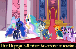 Size: 682x440 | Tagged: safe, derpibooru import, edit, screencap, princess celestia, princess luna, star swirl the bearded, starlight glimmer, sunburst, twilight sparkle, twilight sparkle (alicorn), alicorn, unicorn, shadow play, amulet, animated, banner, beardedbetes, bell, bowing, canterlot castle, canterlot throne room, cape, caption, carpet, close-up, clothes, cropped, crown, crying, cute, daaaaaaaaaaaw, ethereal mane, female, fountain, grin, happy, hat, jewelry, lip bite, looking at you, male, mare, pillar, pointing, raised hoof, regalia, slippers, smiling, stained glass, stallion, starry mane, surprised, tears of joy, text, throne, throne room, twiabetes, water, wizard hat