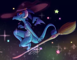 Size: 1005x782 | Tagged: artist:crizone-aura, broom, derpibooru import, dragon, female, flying, flying broomstick, hat, looking at you, princess ember, safe, smiling, solo, stars, witch hat