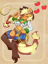 Size: 1299x1738 | Tagged: suggestive, artist:zzvinniezz, derpibooru import, applejack, anthro, earth pony, belt, breasts, busty applejack, chaps, cleavage, clothes, cowboy hat, ear fluff, female, front knot midriff, hat, lasso, mare, midriff, one eye closed, rope, smiling, solo, solo female, stetson, wink