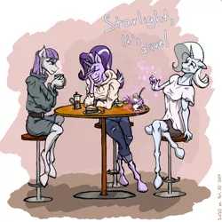 Size: 3000x3000 | Tagged: safe, artist:2d20, derpibooru import, maud pie, starlight glimmer, teacup poodle, trixie, anthro, earth pony, unguligrade anthro, unicorn, cafe, clothes, cup, dialogue, facepalm, food, hoodie, laughing, magic, pun, sandwich, smiling, table, teacup, trio, visual pun