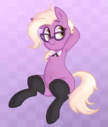 Size: 667x782 | Tagged: safe, artist:toroitimu, derpibooru import, grace manewitz, earth pony, pony, armpits, belly, belly button, blank flank, checkered background, chest fluff, clothes, female, glasses, grace manewitz is an armpit slut, hooves behind head, mare, smiling, socks, solo, thigh highs