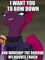 Size: 1022x1345 | Tagged: safe, derpibooru import, edit, edited screencap, screencap, tempest shadow, pony, unicorn, my little pony: the movie, broken horn, caption, eye scar, female, idolatry, image macro, mare, meme, scar, solo, worship