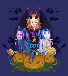 Size: 800x890 | Tagged: safe, artist:croakgua, derpibooru import, adagio dazzle, aria blaze, sonata dusk, vampire, werewolf, equestria girls, blue background, candy, clothes, fangs, food, halloween, halloween costume, holiday, horns, jack-o-lantern, looking at you, mummy, open mouth, pumpkin, raised eyebrow, short hair, simple background, smiling, the dazzlings, trick or treat, wings