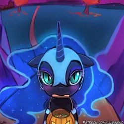 Size: 750x750 | Tagged: safe, artist:lumineko, derpibooru import, nightmare moon, alicorn, pony, armor, blushing, candy, cute, eyeshadow, female, filly, floppy ears, food, halloween, holiday, looking at you, lumineko is trying to murder us, makeup, moonabetes, mouth hold, nightmare woon, pumpkin bucket, slit eyes, solo, sweet dreams fuel, trick or treat