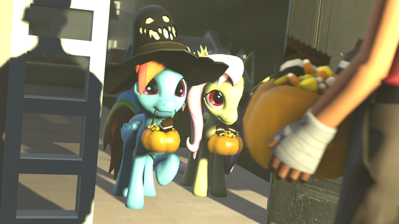 Size: 1920x1080 | Tagged: safe, artist:rainbowdashsnipers, derpibooru import, fluttershy, rainbow dash, bat pony, 3d, flutterbat, halloween, holiday, race swap, scout, source filmmaker, team fortress 2, trick or treat