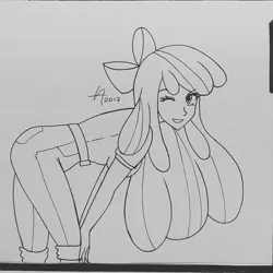 Size: 1172x1172 | Tagged: apple bloom, artist:draftkid, bow, clothes, derpibooru import, female, human, humanized, inktober, jeans, leaning, leaning forward, monochrome, older, one eye closed, pants, safe, sketch, solo, traditional art, wink