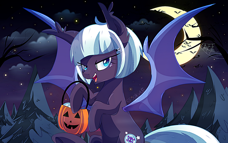 Size: 1600x1000 | Tagged: safe, derpibooru import, oc, unofficial characters only, bat pony, pony, crescent moon, female, halloween, holiday, jack-o-lantern, looking at you, mare, moon, pumpkin, rearing, smiling, solo