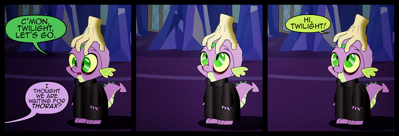 Size: 1759x600 | Tagged: safe, artist:dsana, derpibooru import, spike, thorax, twilight sparkle, dragon, pony, 3 panel comic, clothes, comic, comic strip, costume, disembodied hand, disguise, disguised changeling, halloween, hand, holiday, nightmare night, offscreen character, the addams family, thing, twilight's castle, uncle fester