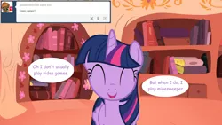 Size: 1280x720 | Tagged: safe, artist:hakunohamikage, derpibooru import, twilight sparkle, twilight sparkle (alicorn), alicorn, pony, ask-princesssparkle, ask, eyes closed, female, golden oaks library, mare, solo, tumblr