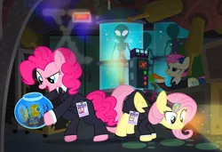 Size: 900x616 | Tagged: safe, artist:pixelkitties, derpibooru import, bon bon, fluttershy, pinkie pie, sweetie drops, alien, earth pony, pegasus, pony, andrea libman, bon bon is not amused, born again, carrot, cigarette smoking man, cutie mark, dana scully, dark room, female, fish bowl, flashlight (object), food, fox mulder, halloween, holiday, id card, light, mare, nightmare night, parody, pixelkitties' brilliant autograph media artwork, s.m.i.l.e., science fiction, secret agent sweetie drops, unamused, voice actor joke, x-files