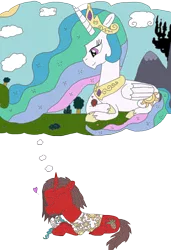 Size: 2033x2975 | Tagged: safe, artist:supahdonarudo, derpibooru import, princess celestia, oc, oc:ironyoshi, pony, canterlot castle, dream, giant pony, giantess, giantlestia, heart, macro, plushie, size difference, sleeping