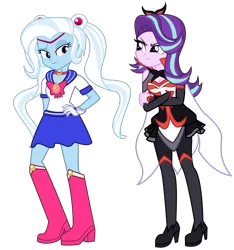 Size: 2088x2230 | Tagged: safe, artist:remcmaximus, derpibooru import, starlight glimmer, trixie, equestria girls, anime, boots, clothes, cosplay, costume, crossed arms, crossover, halloween, high heel boots, high heels, holiday, kelly sheridan, lolirock, pigtails, praxina, sailor moon, shoes, skirt, voice actor joke
