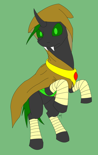 Size: 1139x1799 | Tagged: artist:crazeguy, cape, changeling, changeling oc, cloak, clothes, derpibooru import, green background, green changeling, oc, oc:puppet, safe, simple background, solo, unofficial characters only