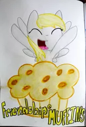 Size: 2591x3791 | Tagged: safe, artist:beetrue, derpibooru import, derpy hooves, pony, food, high res, muffin, solo, traditional art