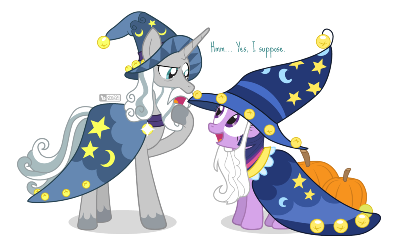 Size: 1140x700 | Tagged: safe, artist:dm29, derpibooru import, star swirl the bearded, twilight sparkle, pony, shadow play, bells, cape, clothes, comparison, cute, eye contact, fake beard, fangirl, halloween, halloween costume, happy, hat, holiday, looking at each other, open mouth, pumpkin, raised eyebrow, simple background, smiling, star swirl the bearded costume, swirlabetes, thinking, transparent background, twiabetes, wizard hat