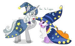 Size: 1140x700 | Tagged: safe, artist:dm29, derpibooru import, star swirl the bearded, twilight sparkle, pony, shadow play, bells, cape, clothes, comparison, cute, eye contact, fake beard, fangirl, halloween, halloween costume, happy, hat, holiday, looking at each other, open mouth, pumpkin, raised eyebrow, simple background, smiling, star swirl the bearded costume, swirlabetes, thinking, transparent background, twiabetes, wizard hat