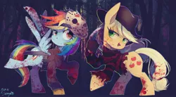 Size: 3245x1786 | Tagged: a nightmare on elm street, applejack, artist:setoya, blood, clothes, derpibooru import, freddy krueger, friday the 13th, halloween, hat, holiday, jason voorhees, looking at you, nightmare on elm street, open mouth, rainbow dash, semi-grimdark, smiling