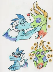 Size: 1004x1366 | Tagged: safe, artist:kuroneko, derpibooru import, princess ember, thorax, changedling, changeling, dragon, blushing, colored pencil drawing, comic, dragoness, embrax, female, heart, interspecies, king thorax, kissing, male, shipping, sparkles, straight, traditional art, tsundember, tsundere