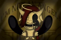 Size: 1600x1034 | Tagged: alice angel, artist:aarondrawsarts, bendy and the ink machine, body horror, clothes, costume, creepy, crying, derpibooru import, dialogue, disfigured, halloween, holiday, missing eye, nightmare night, nightmare night costume, oc, oc:rose bloom, screaming, semi-grimdark, unofficial characters only