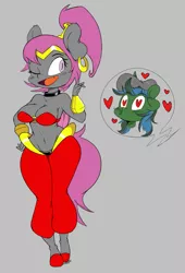 Size: 745x1096 | Tagged: suggestive, artist:purple-yoshi-draws, derpibooru import, oc, oc:fruitful melody, oc:rc, unofficial characters only, anthro, bat pony, genie, anthro oc, bat pony oc, breasts, clothes, costume, couple, female, frc, male, oc x oc, shantae, shipping, simple background, smiling, solo, solo female, straight