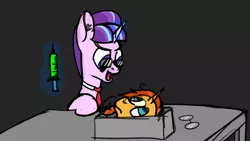 Size: 1920x1080 | Tagged: artist:unity, crossover, dead, decapitated, derpibooru import, glasses, herbert west, necktie, re-animator, safe, severed head, starlight glimmer, sunburst, syringe