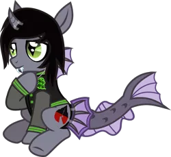 Size: 1331x1219 | Tagged: safe, artist:lightningbolt, derpibooru import, ponified, ponified:kellin quinn, half-siren, hybrid, pony, .svg available, cardboard, clothes, costume, curved horn, drop dead clothing, fake fangs, fangs, fins, fish tail, hoof on chest, jacket, jewelry, lidded eyes, looking offscreen, male, necklace, nightmare night costume, simple background, sitting, sleeping with sirens, slit eyes, smiling, solo, stallion, svg, tape, transparent background, trap, vector