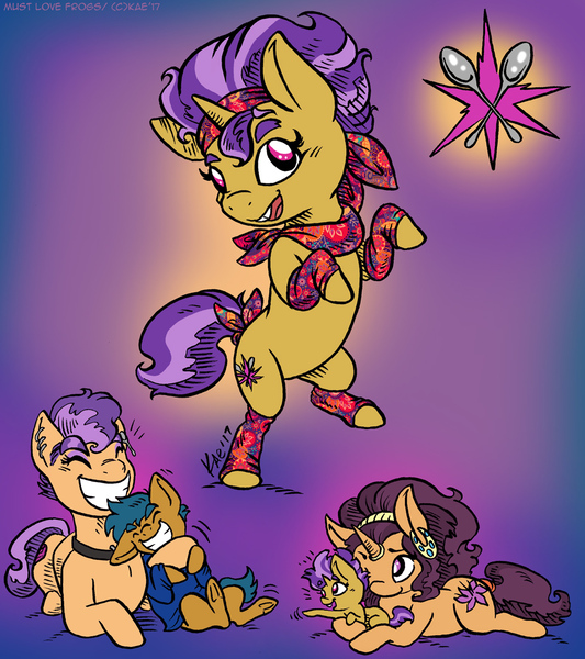 Size: 978x1100 | Tagged: safe, artist:kaemantis, deleted from derpibooru, derpibooru import, plaid stripes, saffron masala, oc, oc:samosa stripes, unicorn, clothes, cutie mark, ear piercing, earring, female, filly, foal, gradient background, magical lesbian spawn, neckerchief, next generation, offspring, older, parent:plaid stripes, parent:saffron masala, parents:saffronstripes, piercing, rearing, saffronstripes