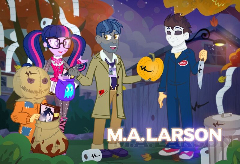 Size: 1000x684 | Tagged: safe, artist:pixelkitties, derpibooru import, first base, flash sentry, sci-twi, twilight sparkle, equestria girls, book, dracula, draculaura, equestria girls-ified, fox mulder, knife, m.a. larson, michael myers, monster high, pennyroyal academy, pixelkitties' brilliant autograph media artwork, sam, trick 'r treat, x-files