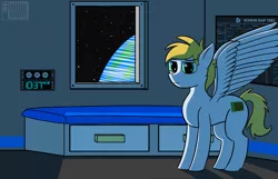 Size: 1400x900 | Tagged: safe, artist:niccosaint, derpibooru import, oc, oc:cutting chipset, unofficial characters only, pegasus, pony, bed, clock, planet, poster, solo, space, space station, stars