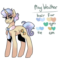 Size: 900x900 | Tagged: safe, artist:hrosy, derpibooru import, oc, oc:may weather, unofficial characters only, unicorn, blue hair, cutie mark, eyebrows, female, fluffy, frown, full body, glasses, green eyes, messy mane, necktie, reference sheet, scroll, shading, simple background, solo, transparent background