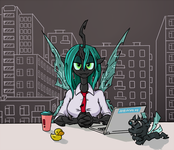 Size: 1200x1038 | Tagged: 20!8, alexei navalny, anthro, artist:drakecreator, breasts, changeling, clothes, coffee cup, computer, crossover, cup, cute, cutealis, derpibooru import, drama bait, fangs, horn, laptop computer, looking at you, navalny, politics, ponified, queen chrysalis, rubber duck, russian, safe, smiling, source needed, wings