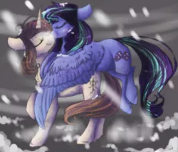 Size: 1195x1024 | Tagged: artist needed, safe, derpibooru import, oc, oc:jackie joy, oc:joanna, unofficial characters only, pegasus, pony, unicorn, blushing, eyes closed, female, hug, mare, monogram, nuzzling, snow, tolkien